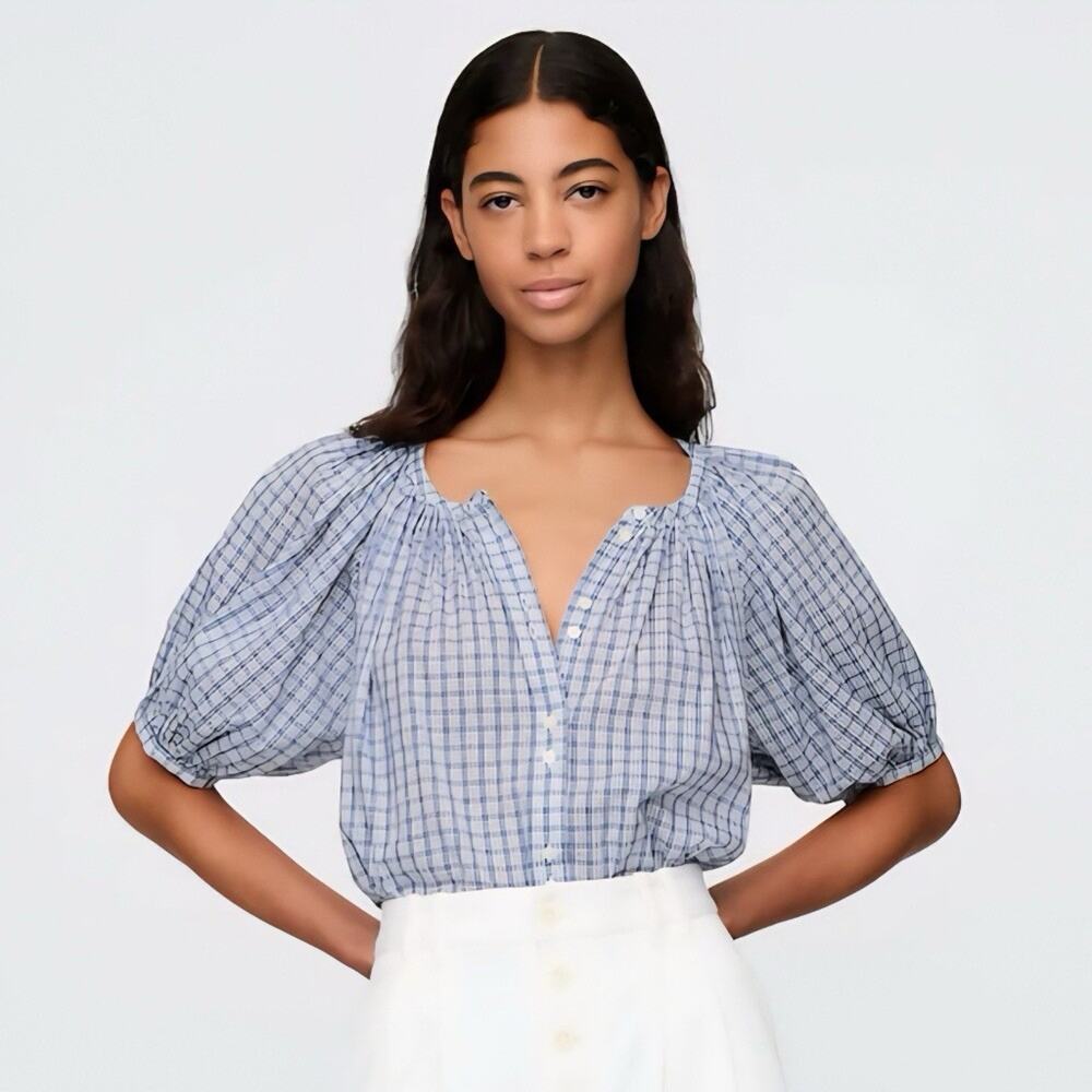 NWT Gap x DÔEN Gingham Puff Sleeve Cotton Blouse Blue Check Button Front Large